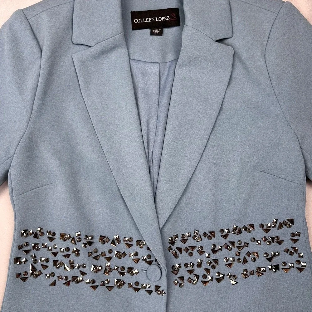 Single Button Blazer Women XXS Blue Embellished Studded Jacket Dopamine Dressing